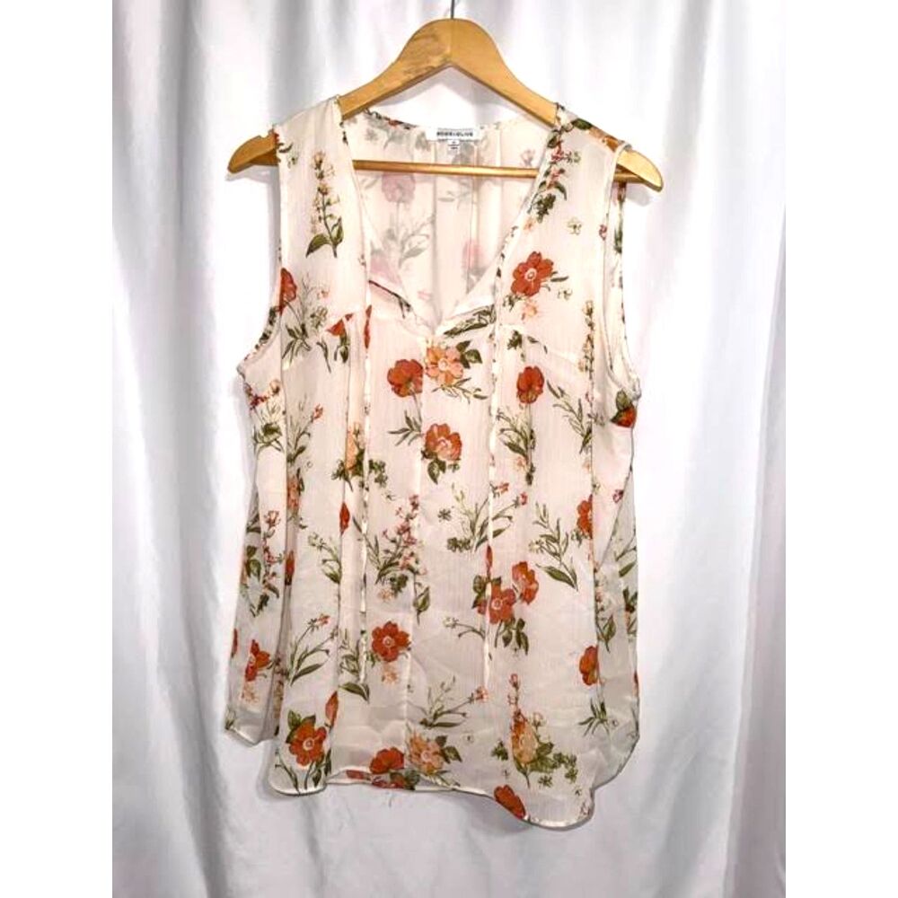 Rose + Olive Floral Sleeveless Blouse Beige Neutrals Tie Neck Chiffon Sz XL